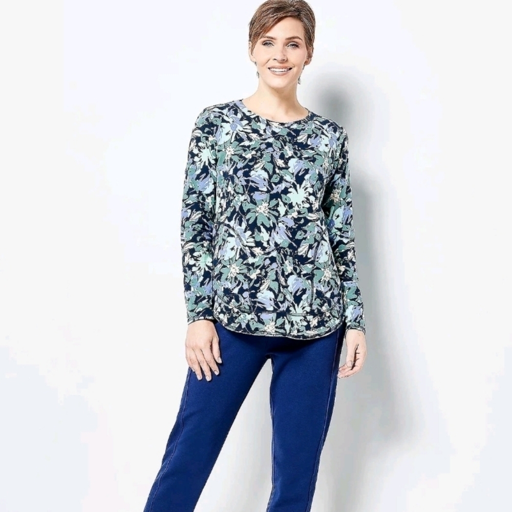 zuda Z-Knit Curved Hem Long Sleeve Pullover Size S NWOT BLUE FLORAL A468601 QVC